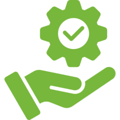 Green hand holding gear with checkmark.