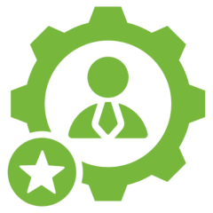 Person inside gear with star icon.