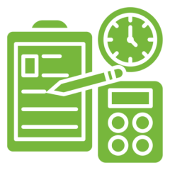 Green clipboard, pen, clock, and calculator icons.