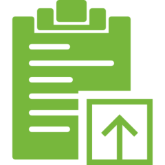 Green clipboard with upload arrow icon.